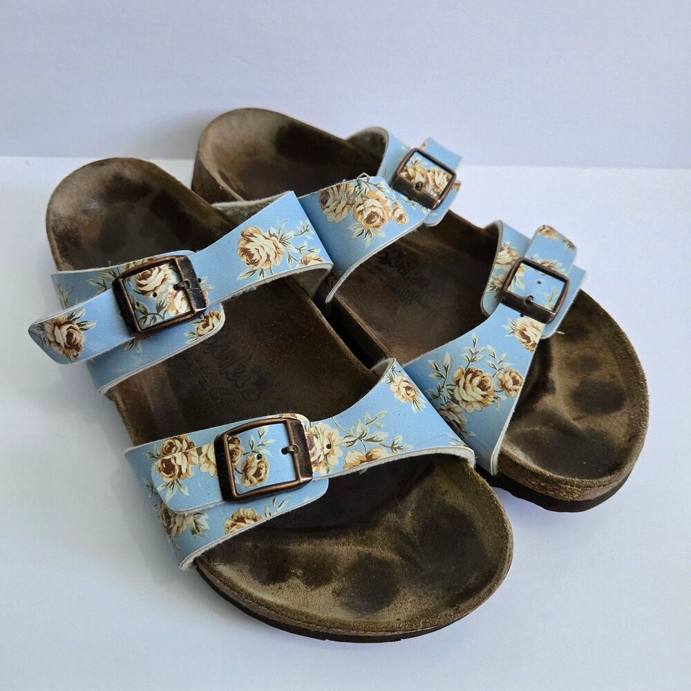 Birki's by Birkenstock Tahiti Women 8 Blue Floral Leather Double Strap Sandals